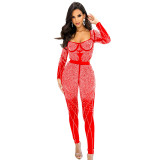 Solid Color Mesh Rhinestone Long Sleeve Bodysuit with Long Pants