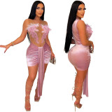 Sexy Mesh Strapless Velvet Splice Bodycon Party Dress