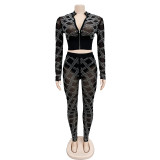 Solid Color Mesh Rhinestone Long Sleeve Long Pants Two-Piece Set