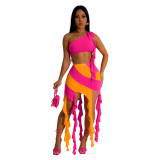 Sexy Slash Shoulder Slim Fit Crop Top and A-line Fringed Skirt Set