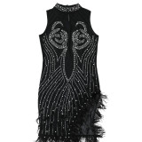 Sexy Mesh Dress with Rhinestones, Beads, and Feathers