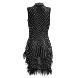 Sexy Mesh Dress with Rhinestones, Beads, and Feathers