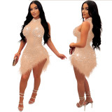Sexy Mesh Dress with Rhinestones, Beads, and Feathers