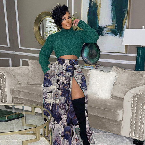 Fashion Classic Print Slit Long Skirt with Two Pockets