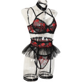 Flower Embroidery Mesh Patchwork Suspender Neck Sexy Lingerie Four piece set