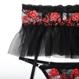 Flower Embroidery Mesh Patchwork Suspender Neck Sexy Lingerie Four piece set