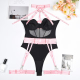 Women Sexy Bodysuit Mesh Straps Patchwork Halter Neck With Leg Rings Lingerie