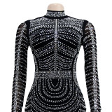 Solid Color Beaded Mesh See-Through Long Sleeve Dress