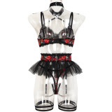 Flower Embroidery Mesh Patchwork Suspender Neck Sexy Lingerie Four piece set