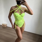 Women Sexy Bodysuit Mesh Straps Patchwork Halter Neck With Leg Rings Lingerie