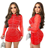 Solid Color Beaded Mesh See-Through Long Sleeve Dress