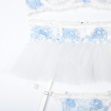 Flower Embroidery Mesh Patchwork Suspender Neck Sexy Lingerie Four piece set