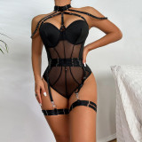 Women Sexy Bodysuit Mesh Straps Patchwork Halter Neck With Leg Rings Lingerie