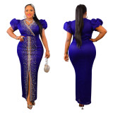 Fashion Beaded Puff Sleeve Elastic V-Neck Maxi Dress