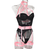 Women Sexy Bodysuit Mesh Straps Patchwork Halter Neck With Leg Rings Lingerie