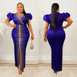 Fashion Beaded Puff Sleeve Elastic V-Neck Maxi Dress