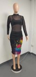 Three-piece Set of Black Top, Vintage Printed Sexy Mesh Midi Dress