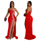 Fashion Solid Color Beaded Sequin Sleeveless Maxi Dress