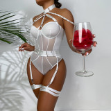 Women Sexy Bodysuit Mesh Straps Patchwork Halter Neck With Leg Rings Lingerie