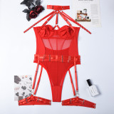 Women Sexy Bodysuit Mesh Straps Patchwork Halter Neck With Leg Rings Lingerie