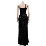 Fashion Solid Color Beaded Sequin Sleeveless Maxi Dress
