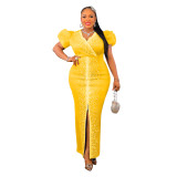 Fashion Beaded Puff Sleeve Elastic V-Neck Maxi Dress