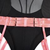 Women Sexy Bodysuit Mesh Straps Patchwork Halter Neck With Leg Rings Lingerie