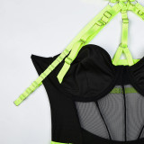 Women Sexy Bodysuit Mesh Straps Patchwork Halter Neck With Leg Rings Lingerie