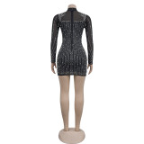 Women's Long Sleeve Beaded Mesh See-Through Dress