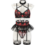 Flower Embroidery Mesh Patchwork Suspender Neck Sexy Lingerie Four piece set
