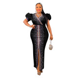 Fashion Beaded Puff Sleeve Elastic V-Neck Maxi Dress