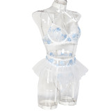 Flower Embroidery Mesh Patchwork Suspender Neck Sexy Lingerie Four piece set