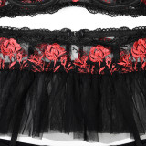 Flower Embroidery Mesh Patchwork Suspender Neck Sexy Lingerie Four piece set