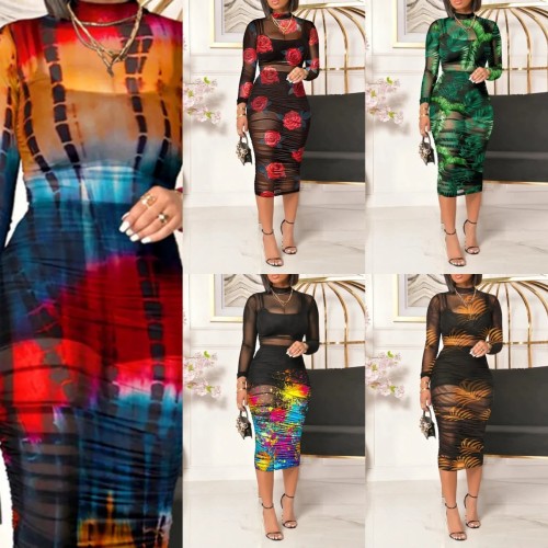 Three-piece Set of Black Top, Vintage Printed Sexy Mesh Midi Dress