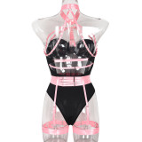 Women Sexy Bodysuit Mesh Straps Patchwork Halter Neck With Leg Rings Lingerie