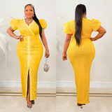 Fashion Beaded Puff Sleeve Elastic V-Neck Maxi Dress