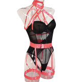 Women Sexy Bodysuit Mesh Straps Patchwork Halter Neck With Leg Rings Lingerie