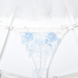 Flower Embroidery Mesh Patchwork Suspender Neck Sexy Lingerie Four piece set