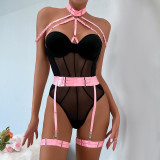 Women Sexy Bodysuit Mesh Straps Patchwork Halter Neck With Leg Rings Lingerie