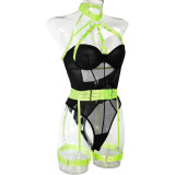 Women Sexy Bodysuit Mesh Straps Patchwork Halter Neck With Leg Rings Lingerie