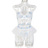 Flower Embroidery Mesh Patchwork Suspender Neck Sexy Lingerie Four piece set