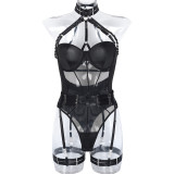 Women Sexy Bodysuit Mesh Straps Patchwork Halter Neck With Leg Rings Lingerie