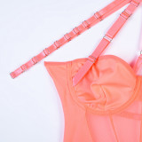 Women Sexy Bodysuit Mesh Straps Patchwork Halter Neck With Leg Rings Lingerie