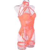 Women Sexy Bodysuit Mesh Straps Patchwork Halter Neck With Leg Rings Lingerie