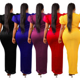 Fashion Beaded Puff Sleeve Elastic V-Neck Maxi Dress