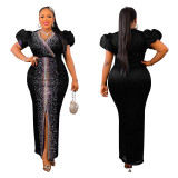 Fashion Beaded Puff Sleeve Elastic V-Neck Maxi Dress