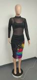 Three-piece Set of Black Top, Vintage Printed Sexy Mesh Midi Dress