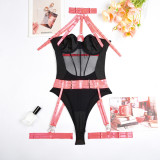 Women Sexy Bodysuit Mesh Straps Patchwork Halter Neck With Leg Rings Lingerie
