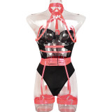 Women Sexy Bodysuit Mesh Straps Patchwork Halter Neck With Leg Rings Lingerie
