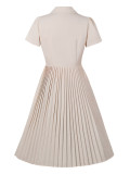 Women Summer Turndown Collar Button Accordion Pleat Short Sleeve Slim Dress